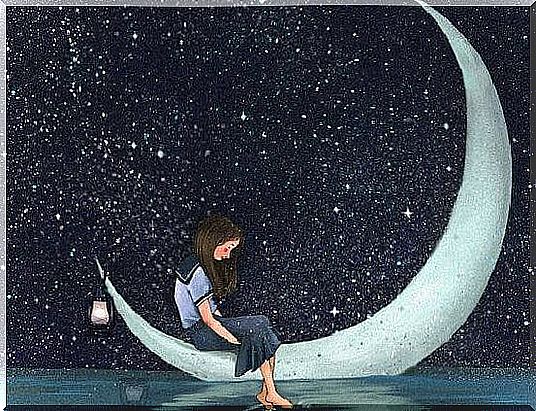 The girl is sitting on the moon