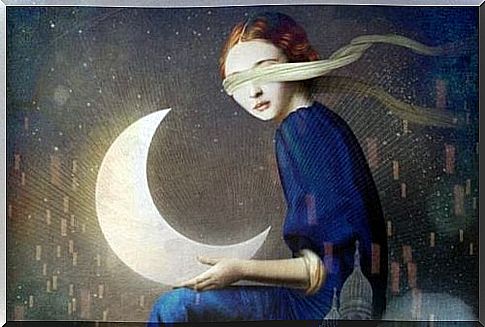 woman holding a moon