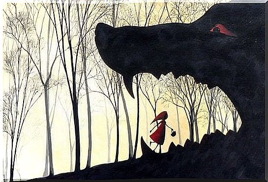 Little Red Riding Hood runs to the wolf's mouth