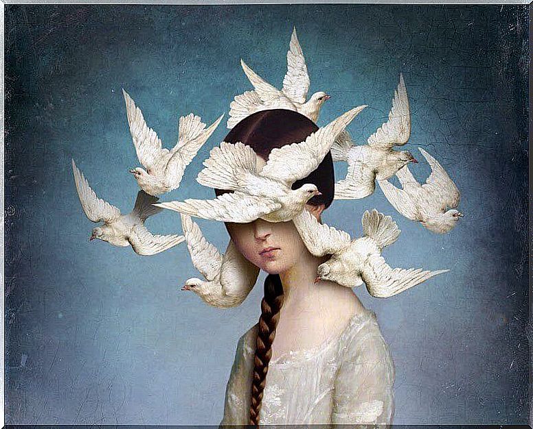 birds flocking around the girl's head