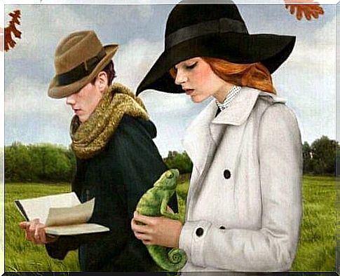 a boy with a book and a girl a chameleon